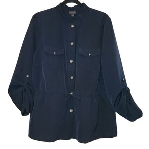 J Jill Wearever Safari Mandarin Collar Navy Blouse/Light Jacket Size L Front Tie